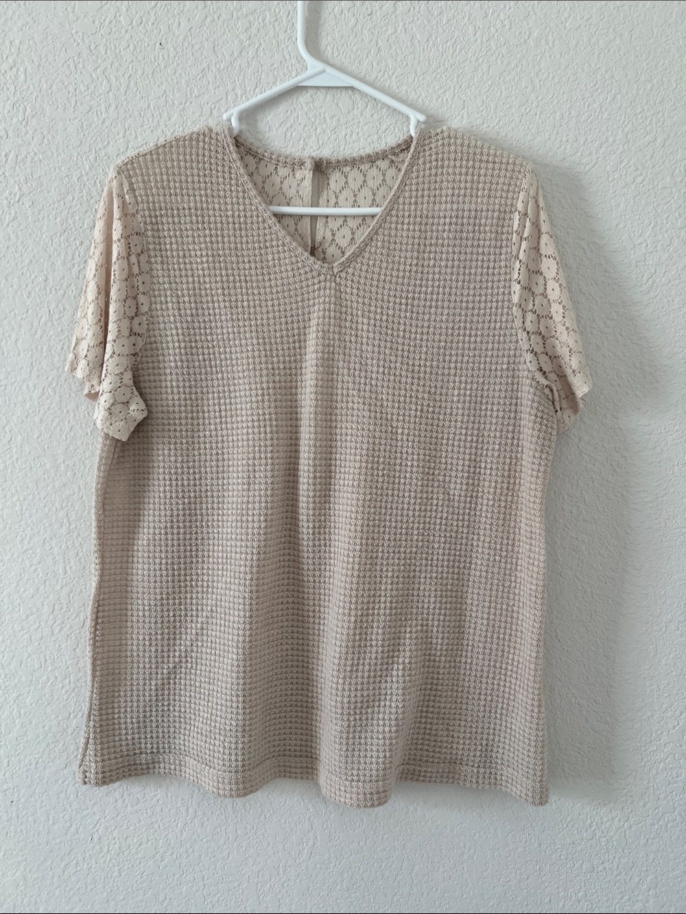 Women's Beige Lace-Sleeve V-Neck Top